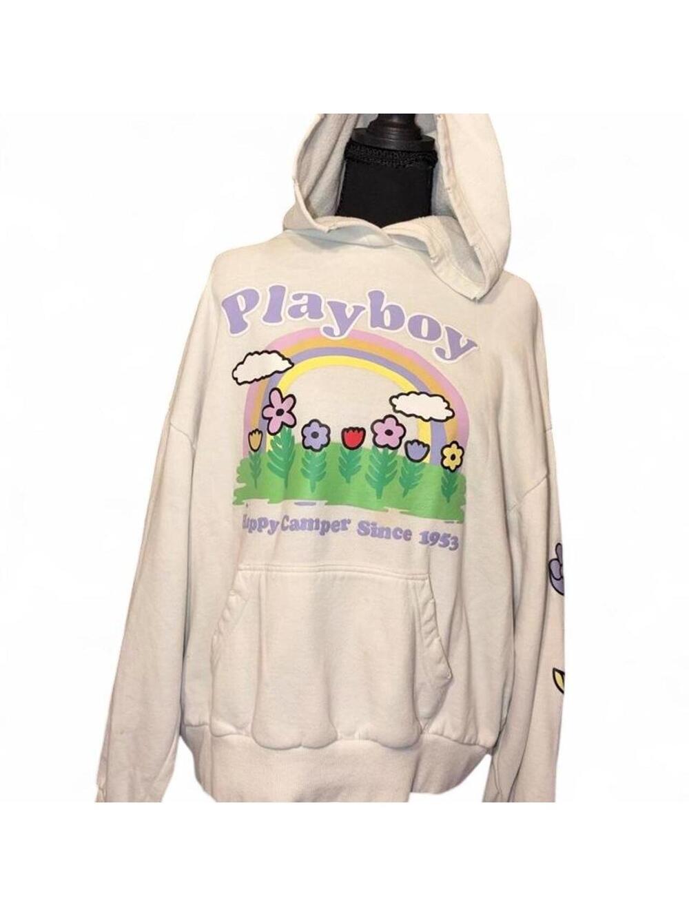 Playboy x PacSun Happy Camper Oversized Pastel Rainbow Graphic Hoodie - Small